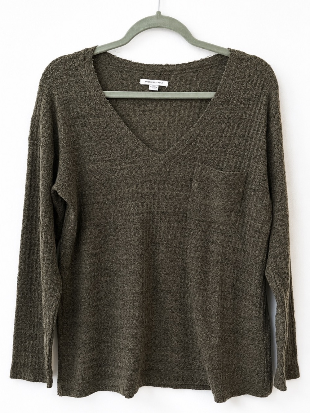 American Eagle Olive Charcoal Waffle-Knit V-Neck Sweater